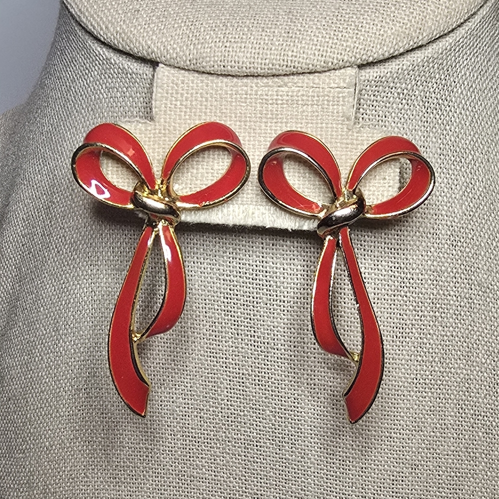 Avon Red Enamel Bow Drop Earrings with Gold Trim